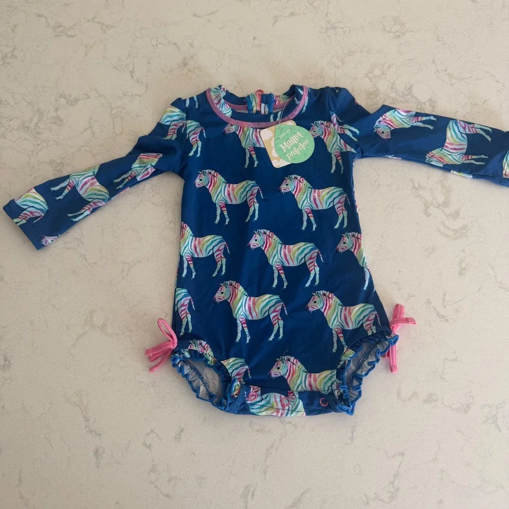 Hatley Baby Rainbow Zebra Rashguard Swimsuit Navy Blue Long Sleeve 6-9M NWT